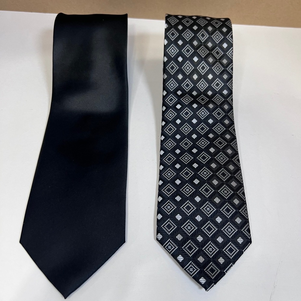 BUNDLE Lot of 2 Mens Polyester Neckties Solid Black Geometric Pattern